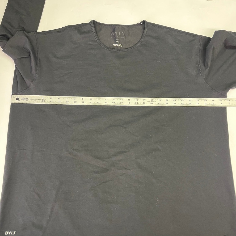 BYLT Basics Mens Drop Cut Long Sleeve Shirt Black Curved Hem Crew Neck Size XL - Picture 14 of 16